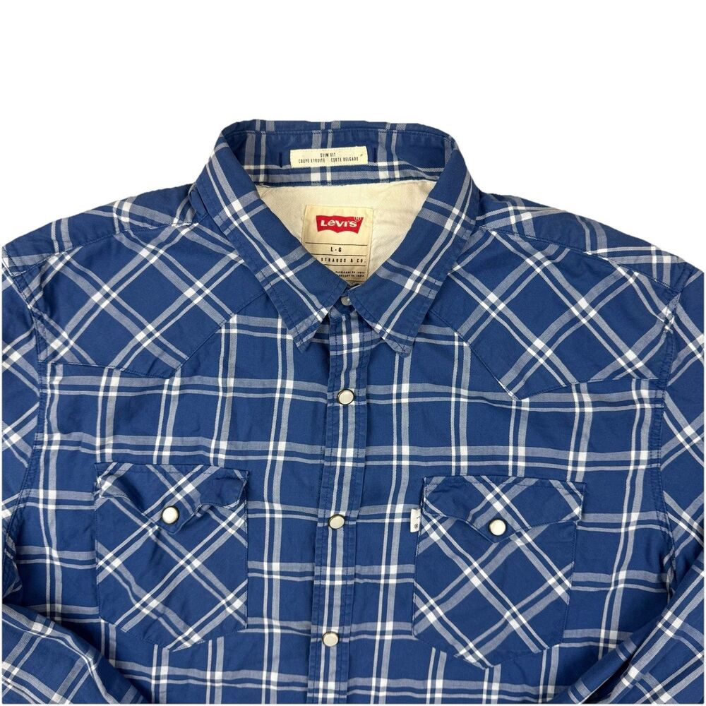 Levi's Western Pearl Snap Shirt Men's Large Blue Plaid Slim Fit Long Sleeve